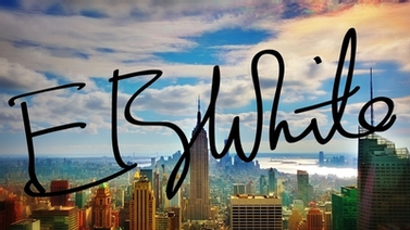 E.B. White signature overlaid on photo of New York City skyline