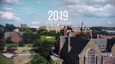 aerial photo of campus with text '2019 was a year of'