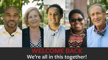 composite image of Ithaca-area leaders says 'Welcome back. We're all in this together!'