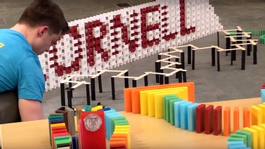 Chris Wright works on his Cornell-themed domino build