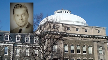 Portrait of David C. Fairbanks with Sibley Hall in the background