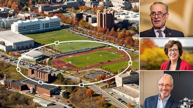 Aerial view of Cornell University, Sen. Chuck Schumer & University President Martha E. Pollack
