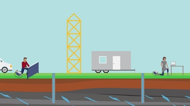 An illustration of two researchers monitoring test wells.