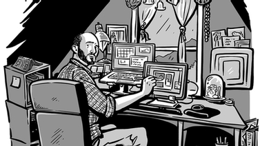 Illustration of Andy Warner sitting at a desk.