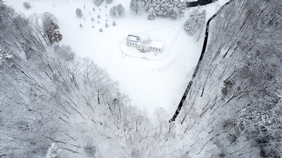 Bird's eye view of the Fuertes Observatory in the winter. 
