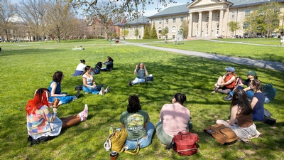 Students having a class outside. 