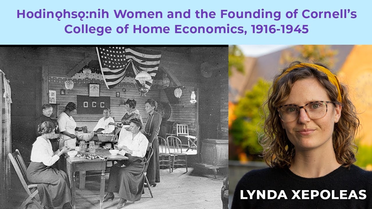 Lynda May Xepoleas next to a black and white image of Hodinohso´:nih women.